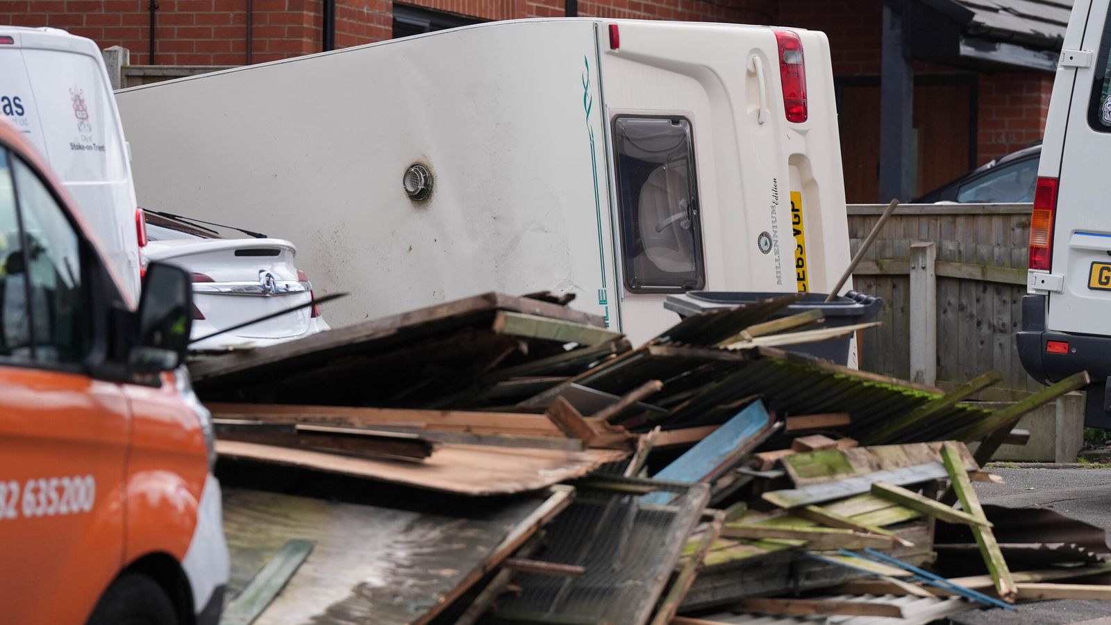 'tornado' flips caravan over as strong winds batter uk