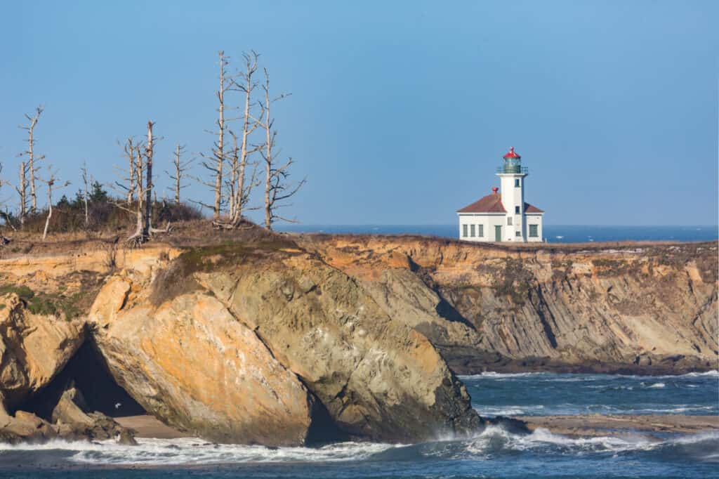 <p><strong>Year lit:</strong> 1934</p><p><strong>Height:</strong> 44 feet</p><p>Although not open to the public, you can view Cape Arago Lighthouse at MilePost 10.4 on Cape Arago Highway. In 1993, the Coast Guard removed the lens, which no longer operates.</p><p>Cape Arago is the third lighthouse built on the island. The first was constructed in 1866, and the second in 1909. Harsh weather conditions caused deterioration, necessitating replacement. The Confederated Tribes of the Coos, Lower Umpqua, and Siuslaw Indians took over the property and the beacon in 2013.</p>