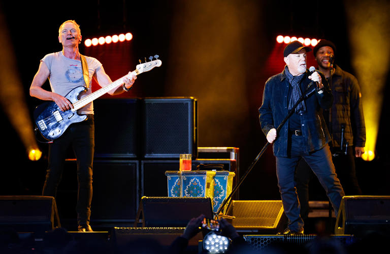 Sting, left, and Billy Joel perform in concert at Petco Park on Saturday, April 13, 2024, in San Diego, California.