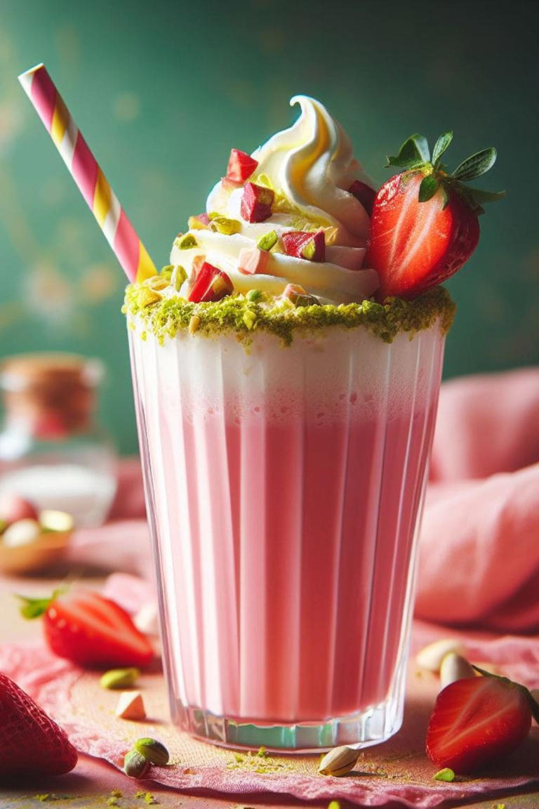 Creamy Strawberry Cardamom Milkshake Recipe with Crushed Pistachios