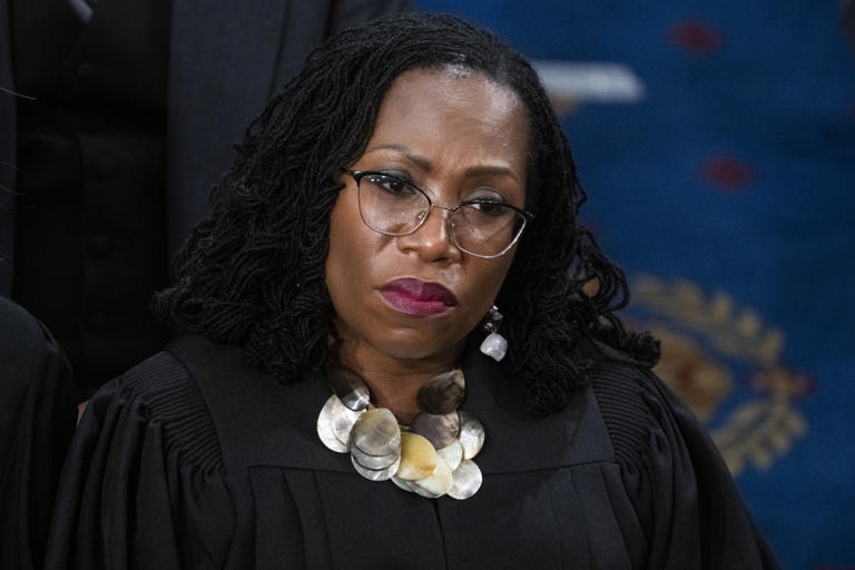 Supreme Court Justice Ketanji Brown Jackson is pictured while attending President Joe Biden's State of the Union address in Washington, D.C. on February 7, 2023. Jackson warned that the Supreme Court's conservative majority had not shown "reason and restraint" by allowing an Idaho ban on transgender youth health care to be enforced on Monday.