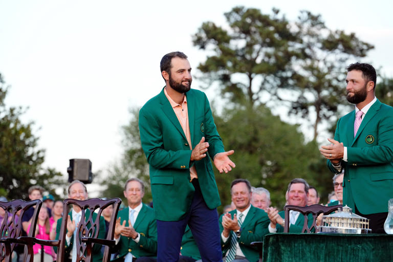 Scottie Scheffler celebrates during the green jacket ceremony his win in the 2024 Masters Tournament. (Photo: Rob Schumacher-USA TODAY Network)