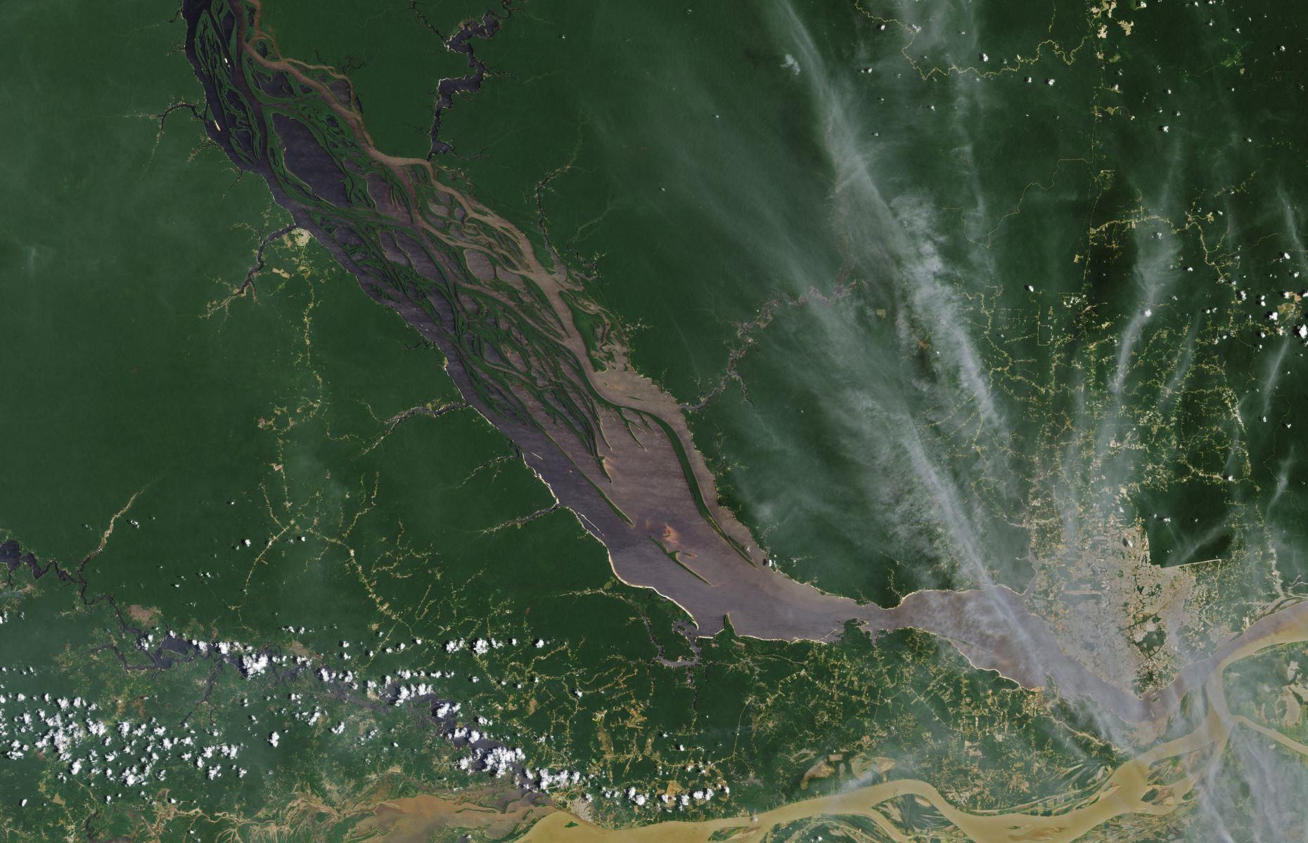 <p>One of the major tributaries of the usually mighty Amazon River, the Rio Negro originates in several headstreams that ultimately enter Brazil from Colombia and Venezuela. Named for its dark waters, it meets with the Amazon at the port city of Manaus, where its jet-black colouring clashes with the yellowish hue of South America’s largest river. Here, NASA Earth Observatory's aerial image shows the Rio Negro on 8 October 2022, where its water sits at 64.3 feet high (19.59m), a typical level for that time of year.</p>
