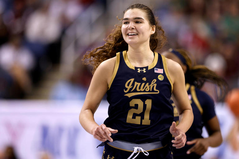 GREENSBORO, NORTH CAROLINA - MARCH 9: Maddy Westbeld #21 of the Notre Dame Fighting Irish reacts against the Virginia Tech Hokies during the second half of the game in the Semifinals of the ACC Women's Basketball Tournament at Greensboro Coliseum on March 9, 2024 in Greensboro, North Carolina. (Photo by Lance King/Getty Images)