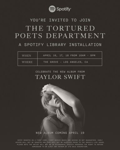taylor swift teams up with spotify to bring real-life “tortured poets department ”library to los angeles