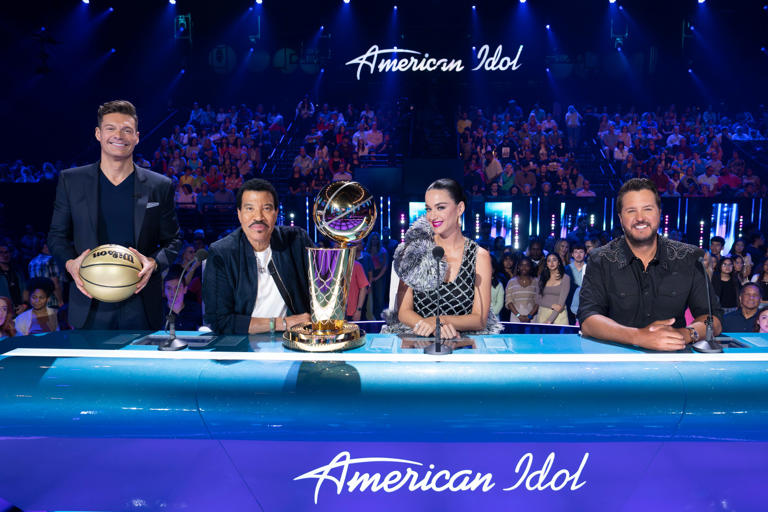 Ryan Seacrest (left), Lionel Richie, Katy Perry and Luke Bryan are seen as the Top 20 contestants perform a song of their choice to capture America's vote once more during Season 22, Episode 10, of "American Idol," airing April 14, 2024.