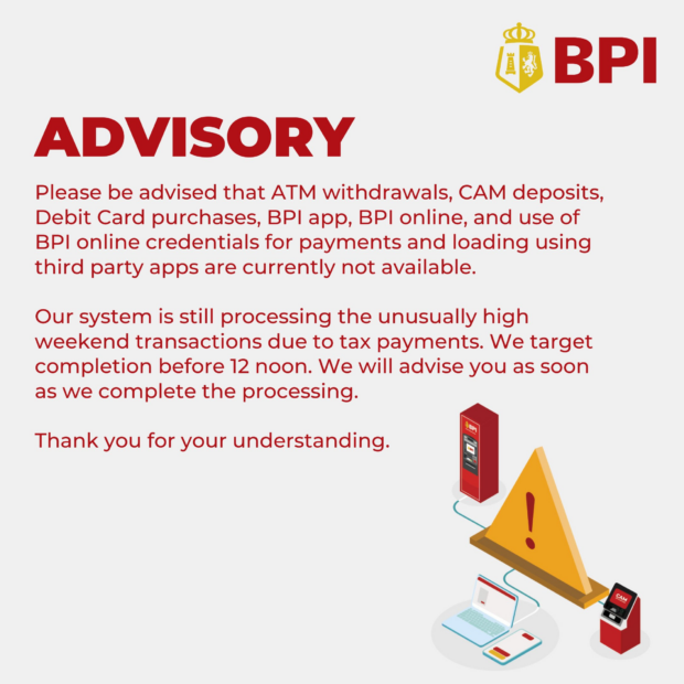 some bpi services temporarily unavailable on tuesday morning