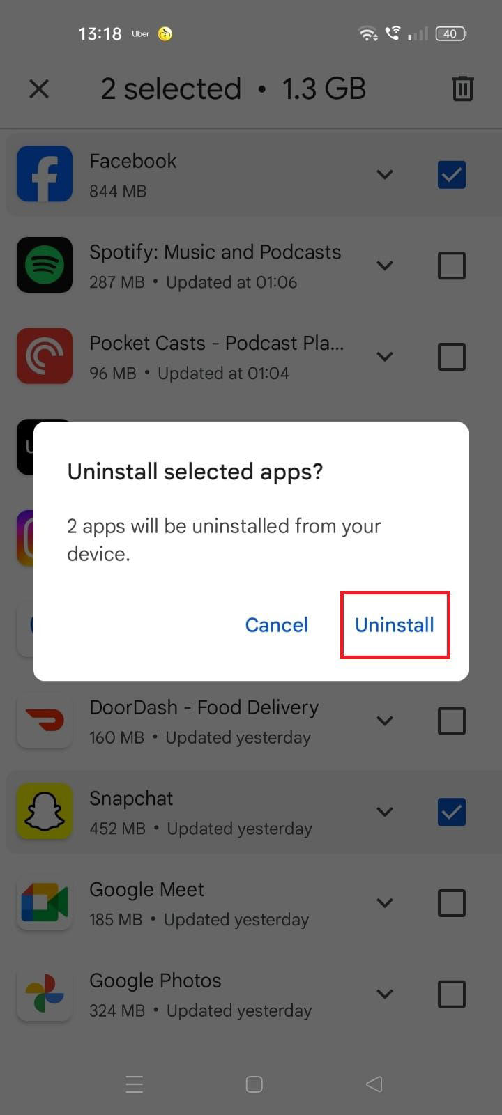 Screenshot highlighting the Uninstall option in the Google Play Store