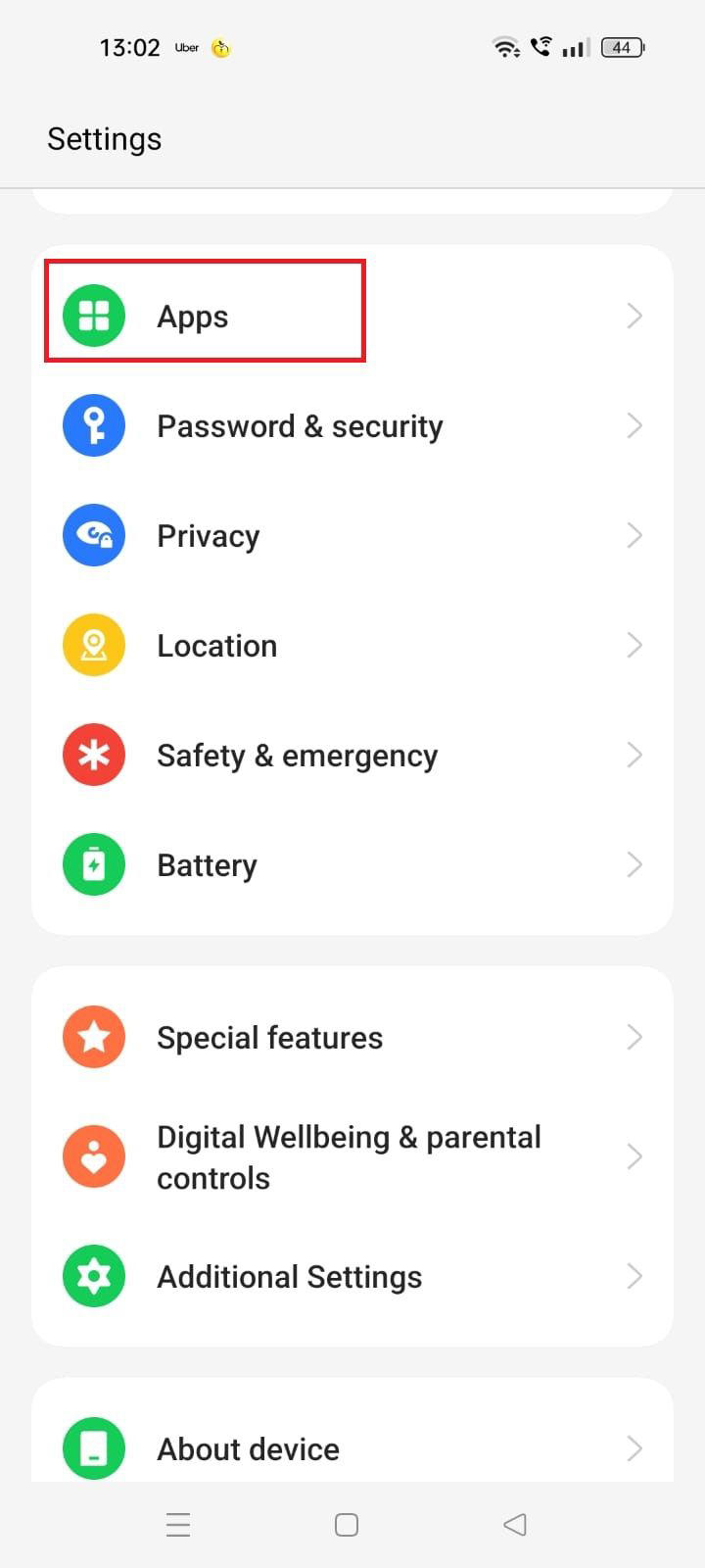 Screenshot highlighting Apps in Settings