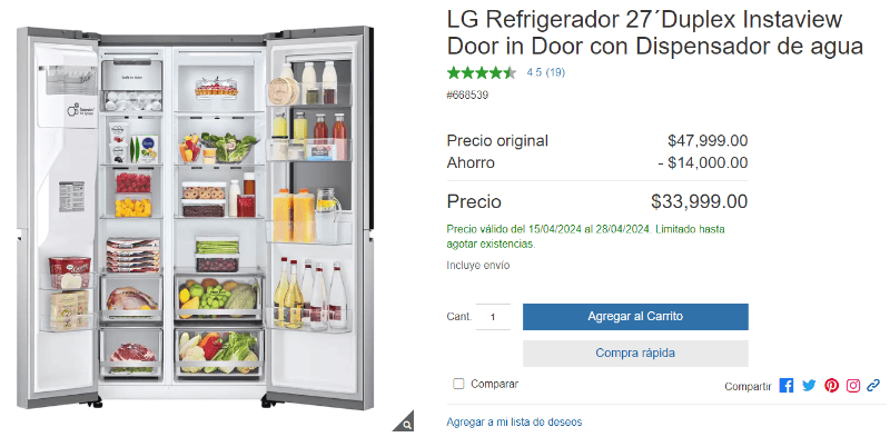 costco vende refrigerador de la marca lg con dispensador de agua con rebaja de $14,000 | precio