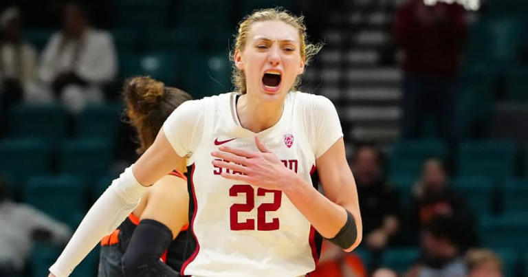 Mar 8, 2024; Las Vegas, NV, USA; Stanford Cardinal forward Cameron Brink (22) celebrates after making a play against the Oregon State Beavers during the third quarter at MGM Grand Garden Arena. Mandatory Credit: Stephen R. Sylvanie-USA TODAY Sports