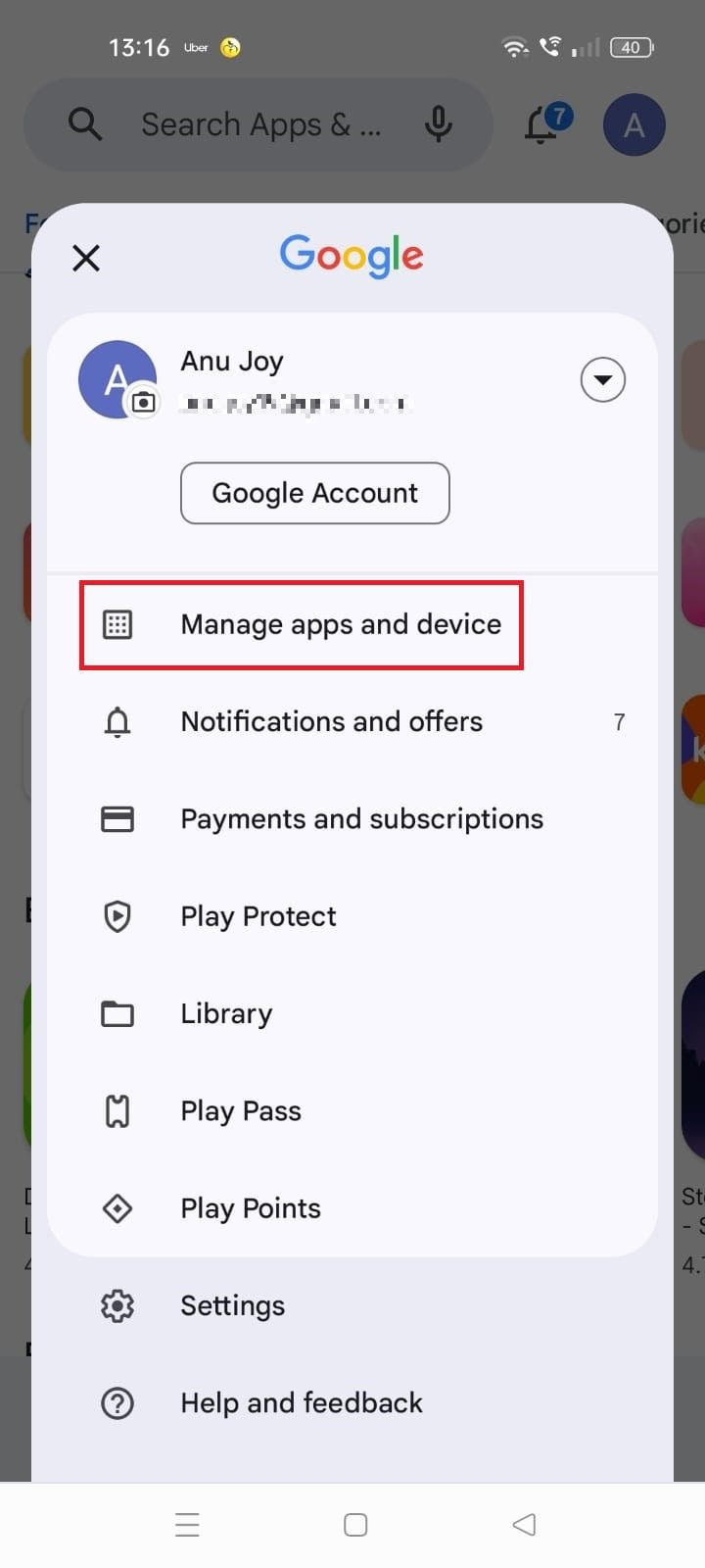 Screenshot highlighting Manage apps and devices in the Google Play Store
