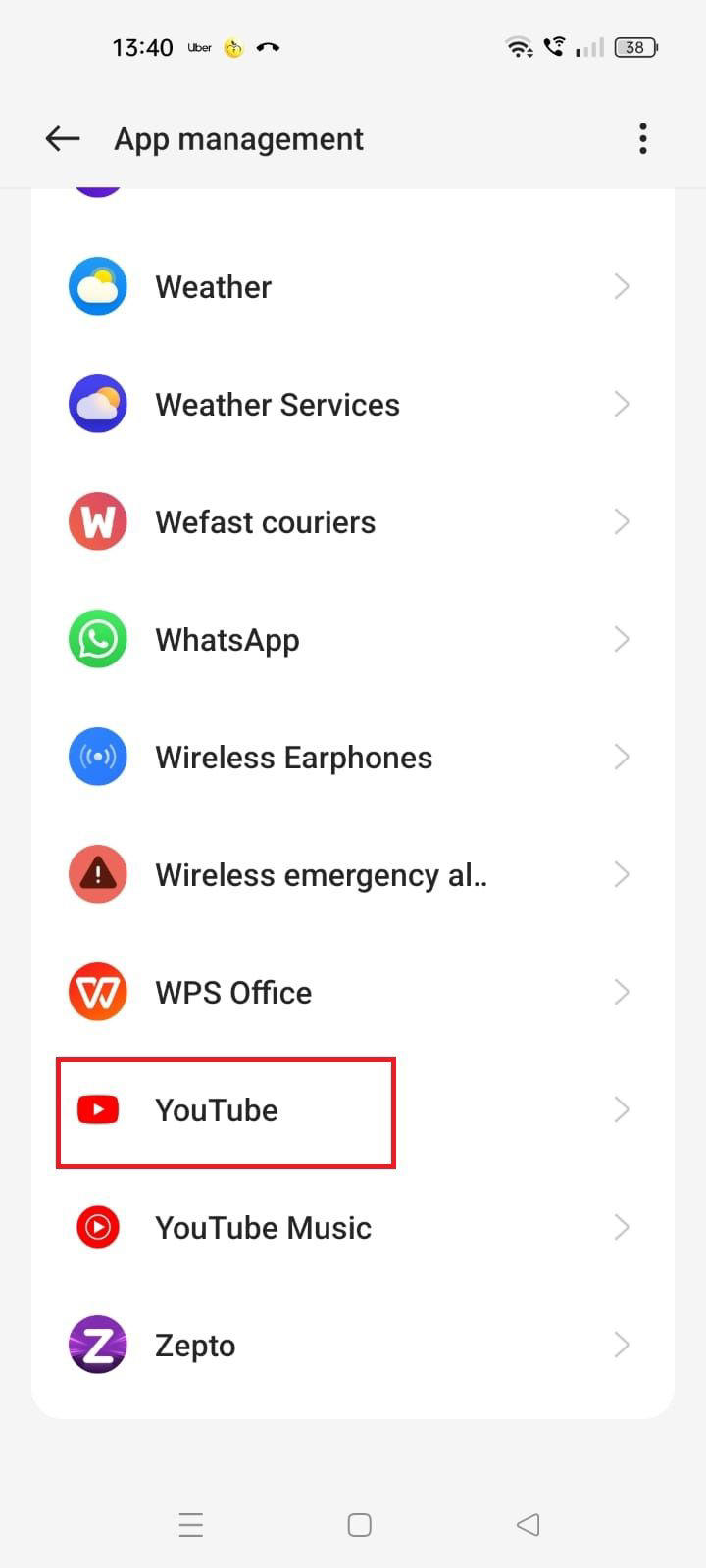 Screenshot highlighting the YouTube app under app management