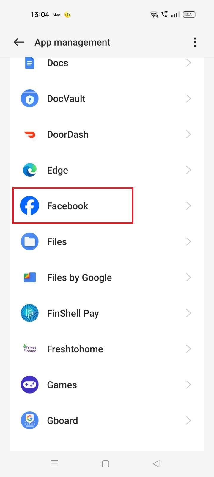 Screenshot highlighting the Facebook app in Settings