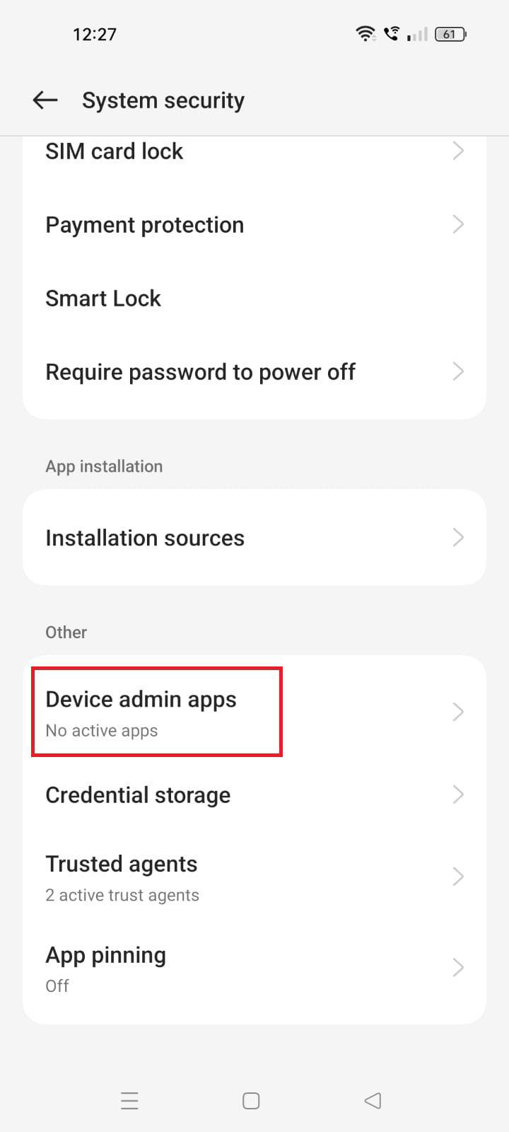 Screenshot highlighting Device admin apps under System security