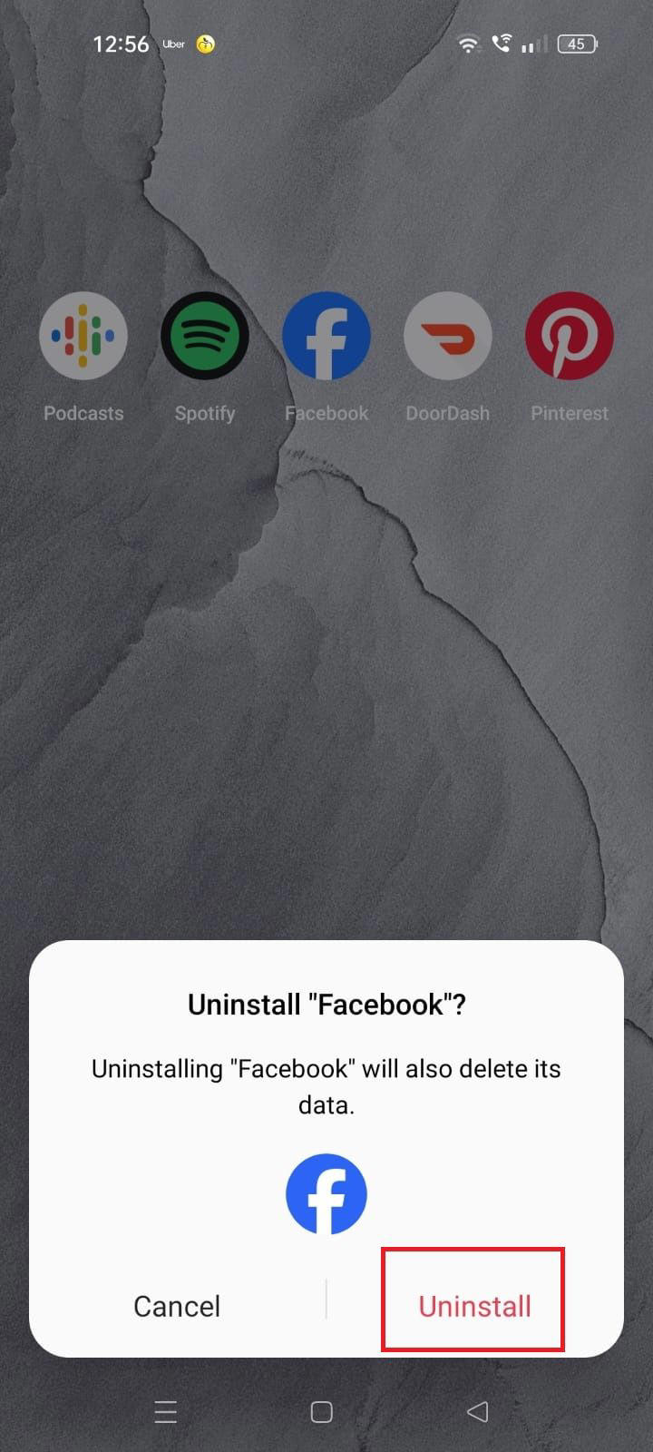 Screenshot highlighting the Uninstall option in the pop-up 