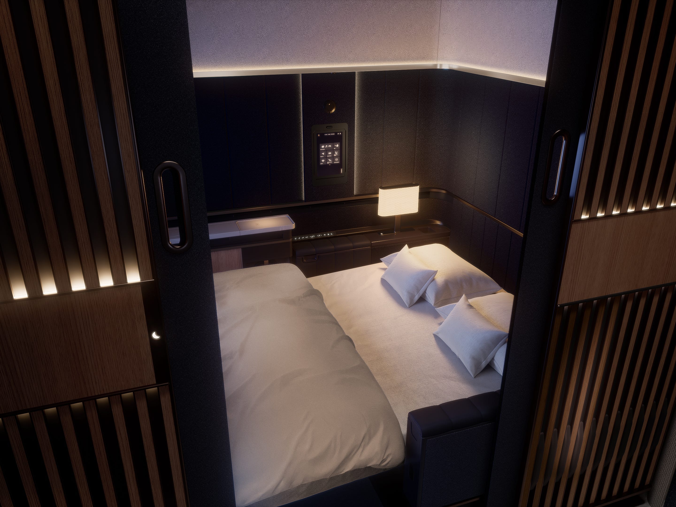 <p>Lufthansa <a href="https://www.lufthansagroup.com/en/newsroom/releases/lufthansa-presents-new-first-class-suite-plus-private-room-above-the-clouds.html">said</a> in a March 2023 press release that the ceiling-high walls, 40 square feet of space, and the fully closable door in first class convey the "feeling of privacy and individuality similar to a hotel room."</p><p>The cabin includes single suites and double suites, the latter is dubbed "Suite Plus" and is set to feature a wide couch that converts into a double bed big enough for two people.</p>