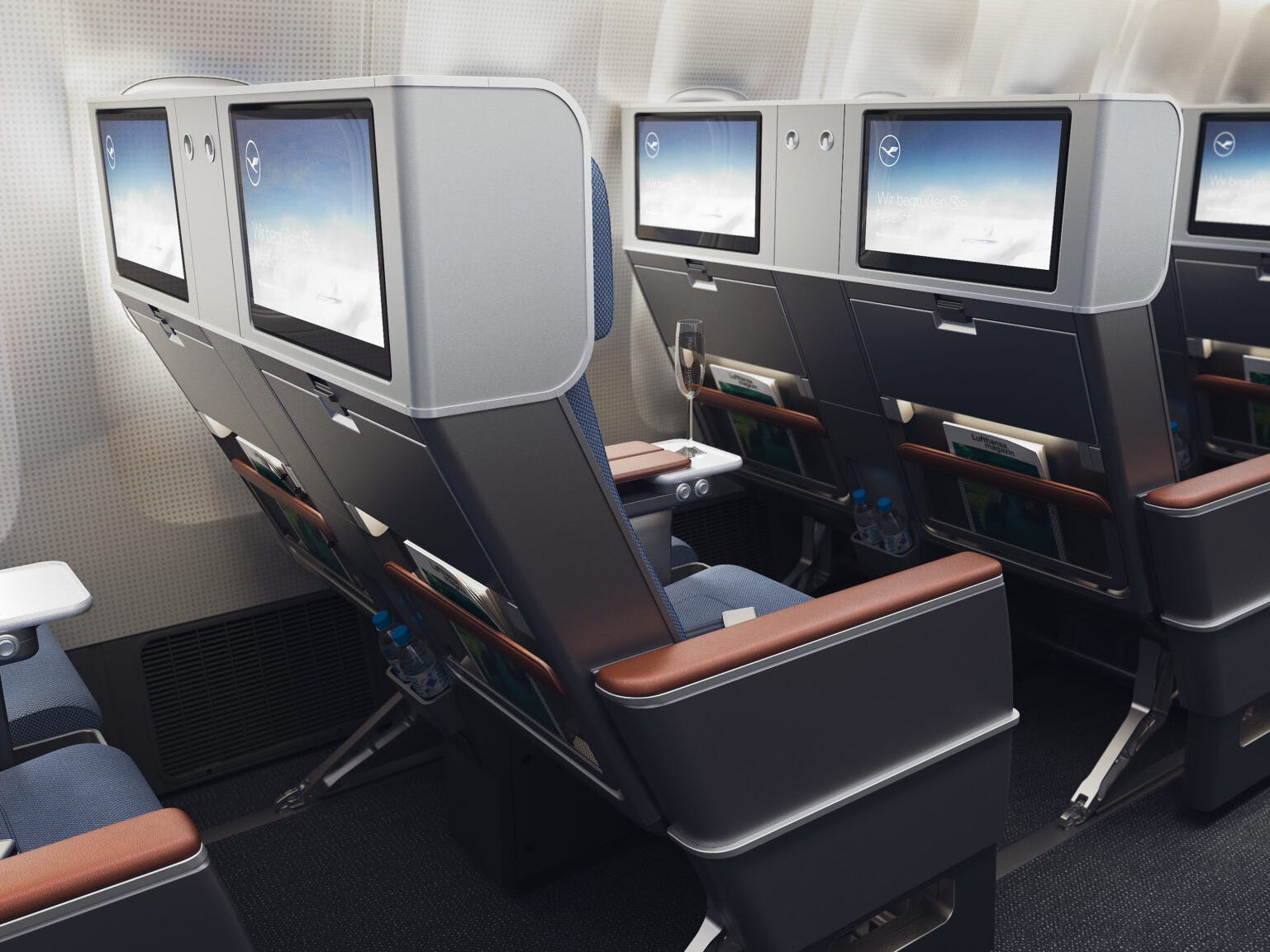 <p>A large 15.6-inch television with Bluetooth connectivity, a USB port and universal power outlet, an adjustable headrest, leather armrests, and a cocktail table between the seats also will await flyers, the airline said.</p>