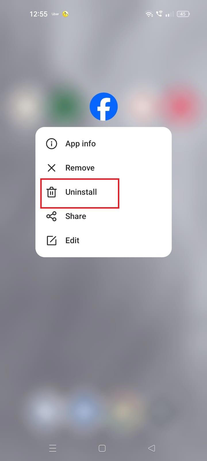 Screenshot highlighting the Uninstall option in Android