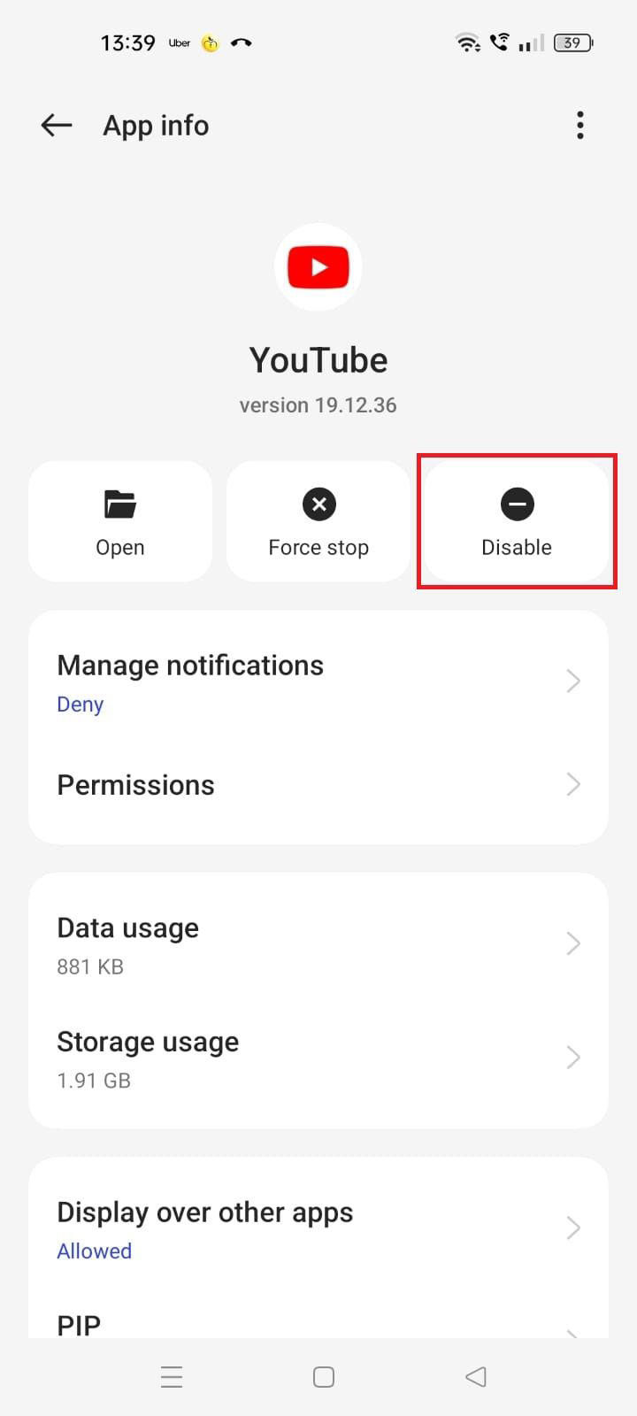 Screenshot highlighting the disable option under App info