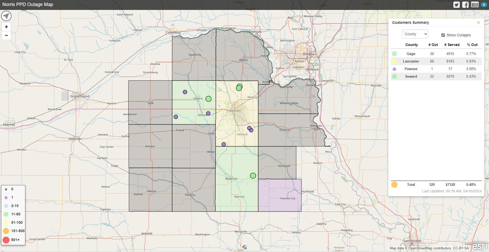 LES and Norris Public Power report multiple outages affecting customers