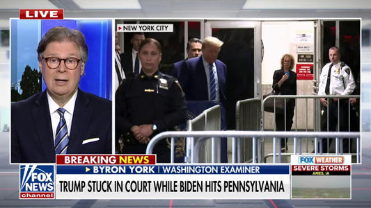 Trump stuck in NYC courtroom while Biden campaigns in Pennsylvania<br><br>