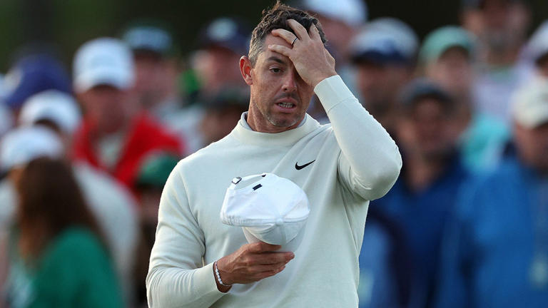 Rory McIlroy of Northern Ireland reacts on the 18th green during the second round of the 2024 Masters Tournament at Augusta National Golf Club on April 12, 2024 in Augusta, Georgia. Getty Images