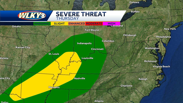 Rounds of showers and storms possible in Louisville area Tuesday night