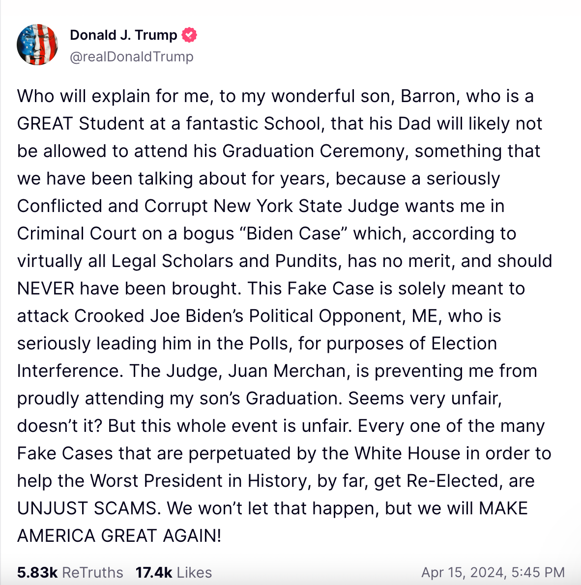 trump is seething about missing barron’s graduation. here’s what the judge actually said