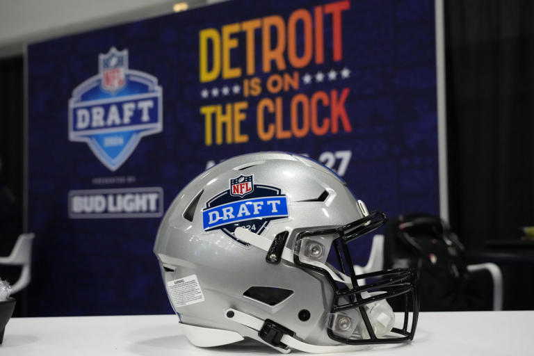 A helmet with the 2024 NFL Draft in Detroit logo was on display at the Super Bowl 58 media center in Las Vegas.