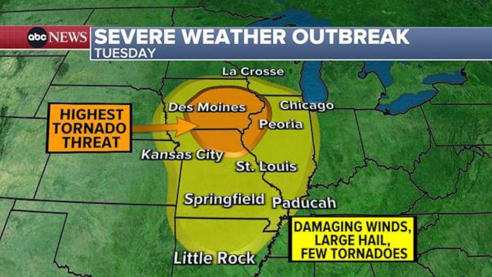 tornado threat, severe storms head toward midwest: latest forecast