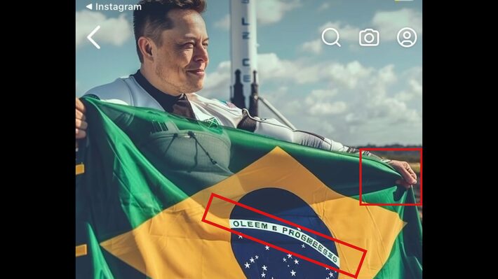 elon musk não tirou foto com bandeira do brasil; imagem tem erros característicos de ia