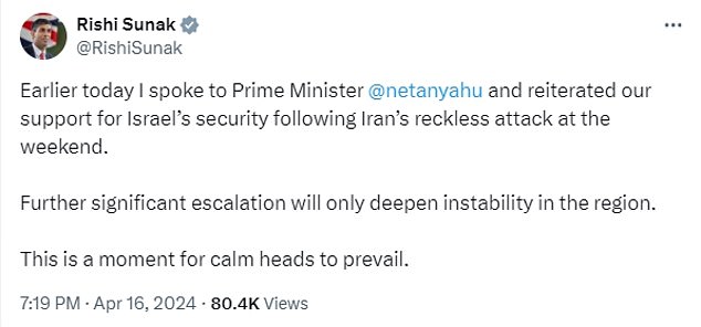 rishi sunak tells israel pm netanyahu 'calm heads' must prevail