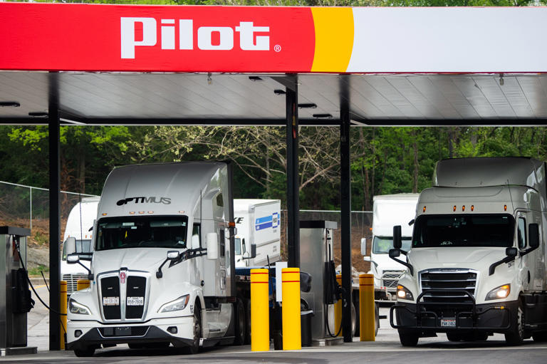 Trucks fuel up at the newly remodeled Pilot Travel Center on Lovell Road in Farragut on Tuesday, April 16, 2024. The travel center is the first Knoxville location to be modernized under PilotÕs New Horizons initiative to remodel its stores.