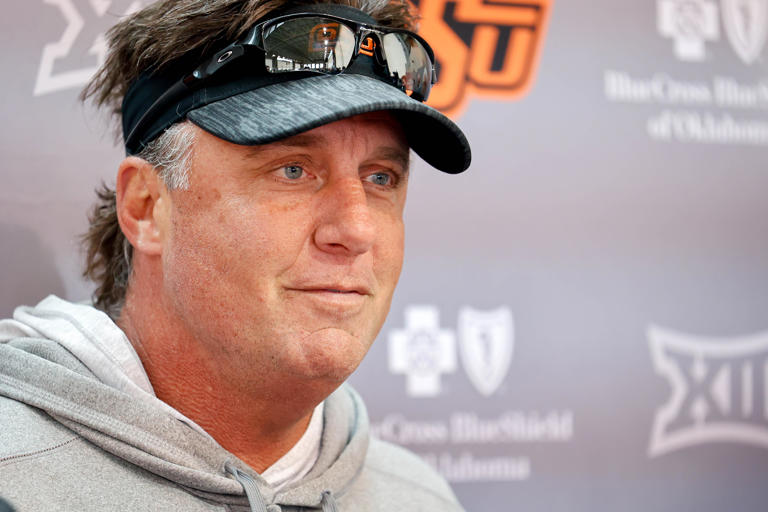 Head coach Mike Gundy talks to the press during a Oklahoma State football practice, in Stillwater, Okla., on Tuesday, April 2, 2024.