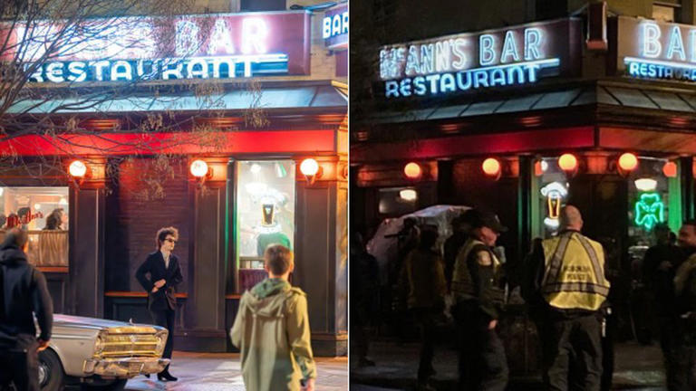 Timothée Chalamet, left, filming Friday night outside the transformed Moran's pub in Hoboken. Right: the business was given a makeover to become a McAnn's Bar from the '60s.