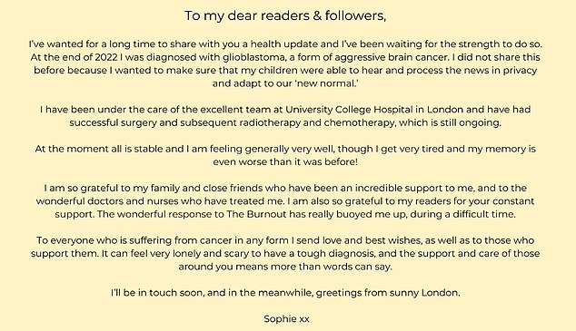 sophie kinsella, 54, says she is undergoing treatment for cancer