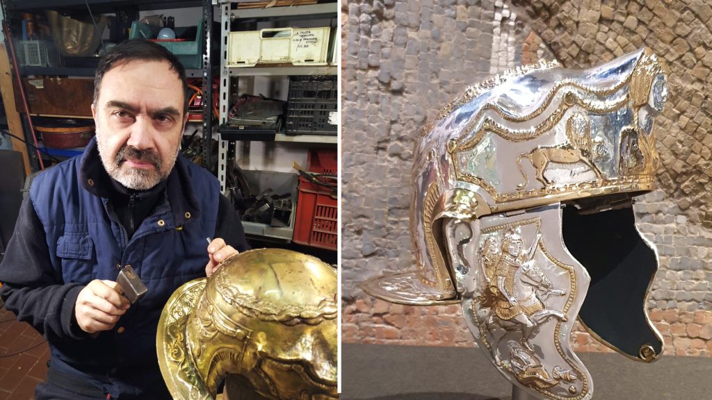 <p>Italian archaeologist Francesco Galluccio created the second replica of the Hallaton Helmet. Using traditional Roman methods, Galluccio handcrafted the replica based on the pieces that were recovered.</p><p>He explained, “The work started over a year ago and was carried out with intense and continuous collaboration with the museum’s management, succeeding in creating an incredible result.”</p>