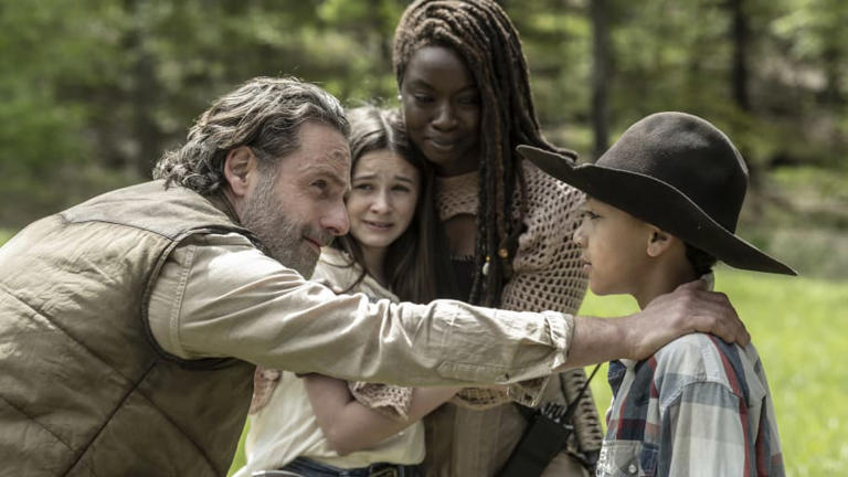 Andrew Lincoln as Rick Grimes, Danai Gurira as Michonne, Cailey Fleming as Judith, Anthony Azor as RJ - The Walking Dead: The Ones Who Live _ Season 1, Episode 6 - Photo Credit: Gene Page/AMC