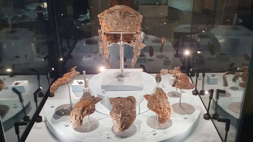 <p>Now that the Hallaton Helmet has been returned to Leicestershire County and the Harborough Museum is now in possession of all the artifacts discovered on the hillside, the county council has said, “The museum can now display all of the key finds from the collection together again for the first time.”</p><p>The “Hallaton Treasure” display includes the Hallaton Helmet, the two replica helmets, the silver bowl, and the trove of gold and silver coins. It offers visitors a glimpse into the time when the Romans ruled Britain.</p>
