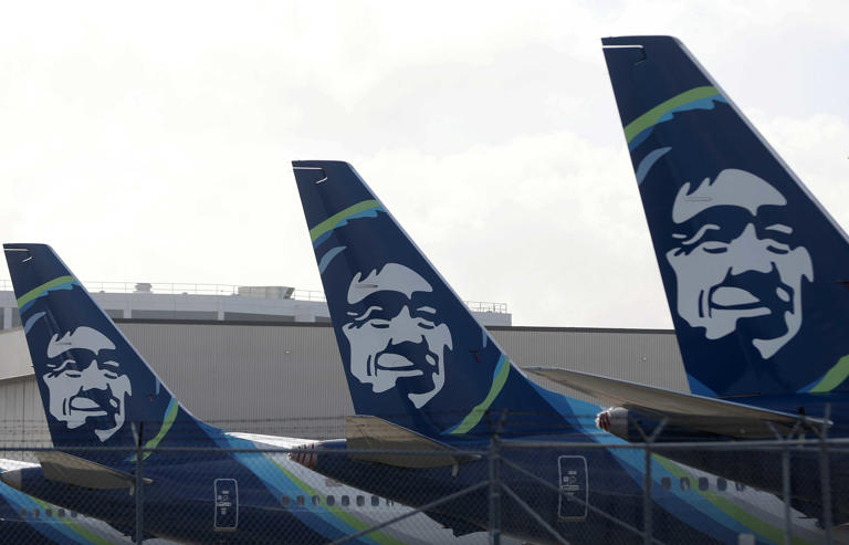 SAN FRANCISCO, CALIFORNIA - JANUARY 25: The Alaska Airlines logo is displayed on the tail section of Alaska Airlines planes a San Francisco International Airport on January 25, 2024 in San Francisco, California. Alaska Airlines reported fourth quarter earnings of $0.30 per share beating analyst expectations of $0.18. (Photo by Justin Sullivan/Getty Images)