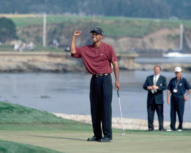 Tiger Woods of the United States celebrates after winning the US Open Golf Championship held at the Pebble Beach Golf Links in California, 18th June 2000. This was Woods' first US Open victory, which he won by fifteen strokes. (Photo by Phil Sheldon/Popperfoto/Getty Images)