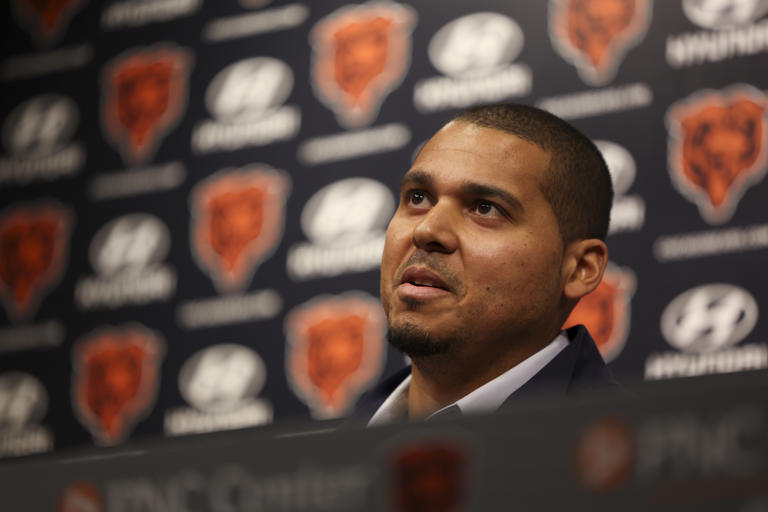 Bears general manager Ryan Poles answers a question during a news conference at Halas Hall in Lake Forest.