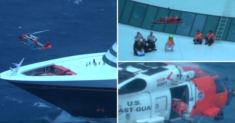 A US Coast Guard MH-60T Jayhawk helicopter safely airlifted an American woman experiencing health complications aboard the Disney Fantasy cruise ship (Picture: United States Coast Guard)