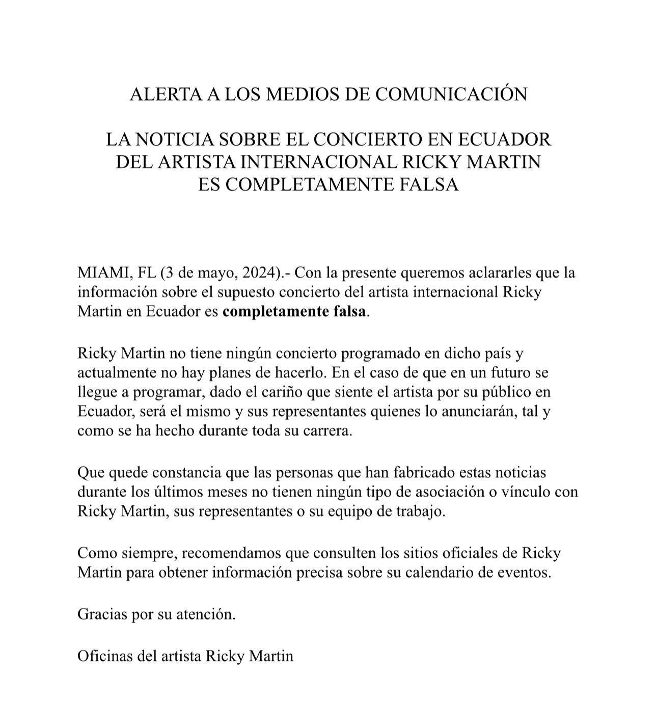 ricky martin aclara que no viene a machala: desmienten concierto del artista en ecuador