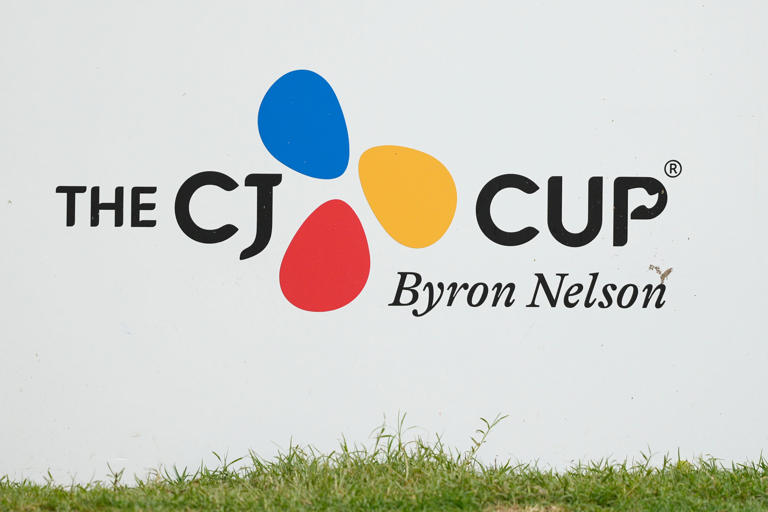 May 3, 2024; McKinney, Texas, USA; A general view of the CJ Cup logo on the sixth tee during the second round of THE CJ CUP Byron Nelson golf tournament. Mandatory Credit: Jim Cowsert-USA TODAY Sports