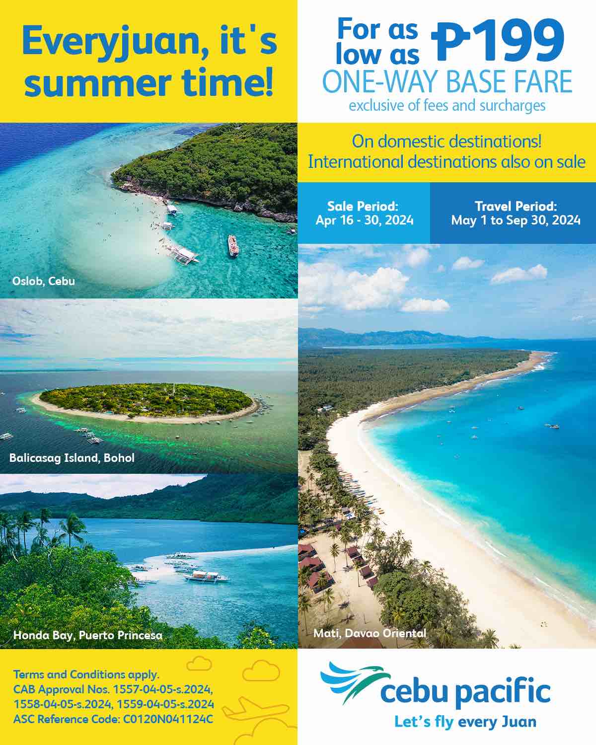 cebu pacific offers one-way base fares starting at p199 until april 30