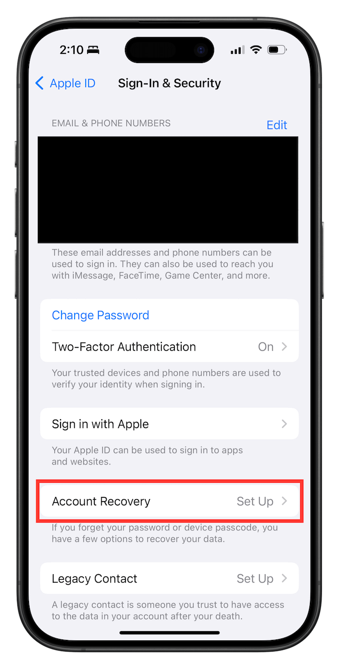 Set up account recovery on iPhone