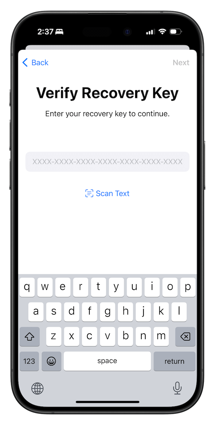 Verify Apple ID recovery key