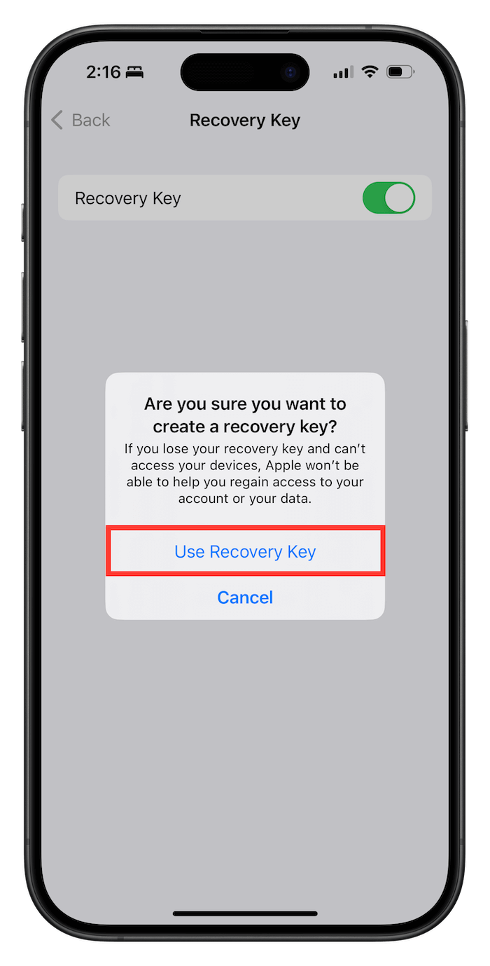 Using recovery key on iPhone